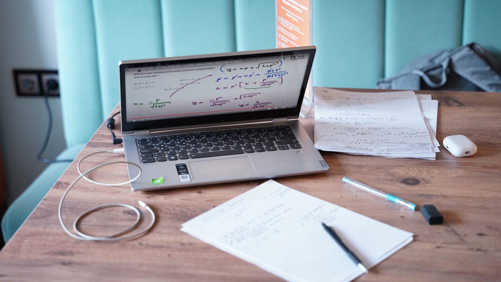 A creative workspace in Isparta, Türkiye with a laptop and mathematical documents on a wooden desk.
